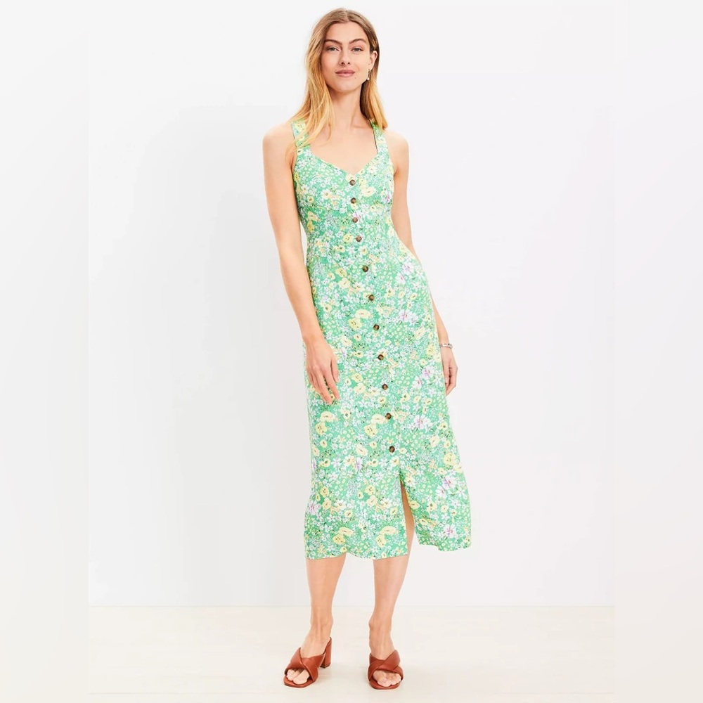 NWT LOFT Midi Floral Bloom Sundress Dress Crossover Back In Green Size 12 Petite